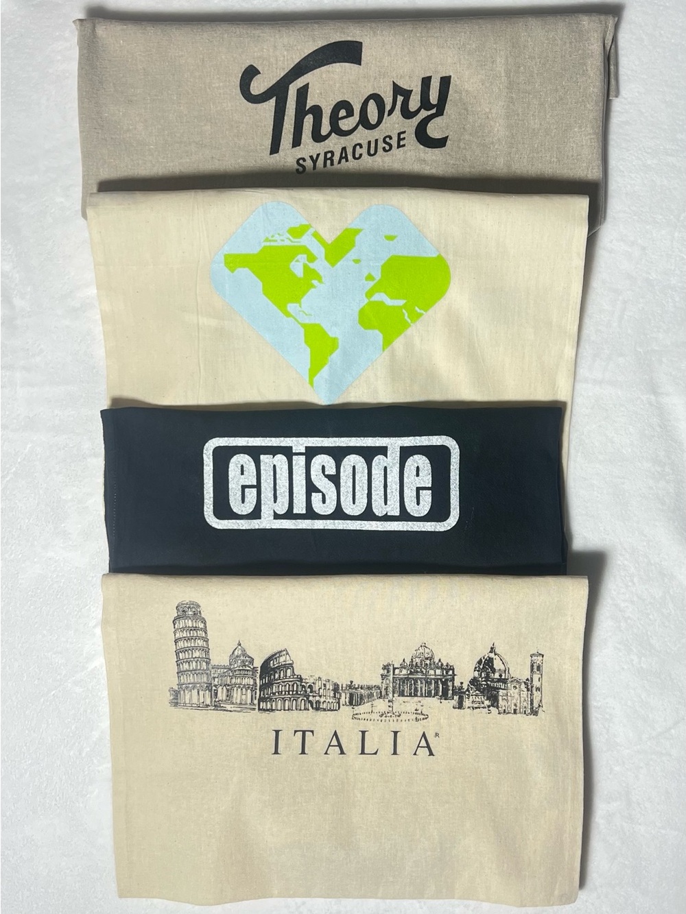 Lot of 4 Fabric Tote- ITALIA - episode - CVS - Theory - assorted graphic bundle
